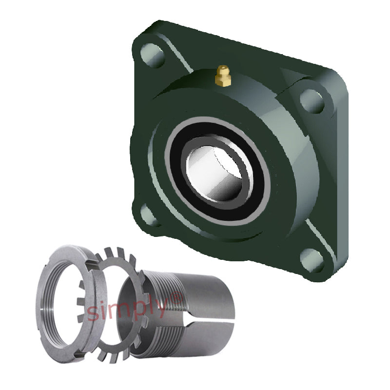 NTN UKF306D1/HS2306 Imperial Four Bolt Square Cast Iron Housing Insert and Adaptor Sleeve Fits 7/8 inch Shaft - Allow 2-3 Days