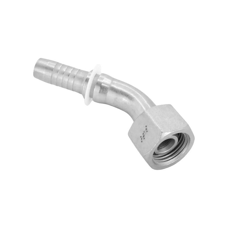 FLEXEQUIP/VOSS 1 inch BSP Female Two Piece Hose Fitting with 45 Degree Angle and 19mm Crimp Nut - Allow 2-3 Days
