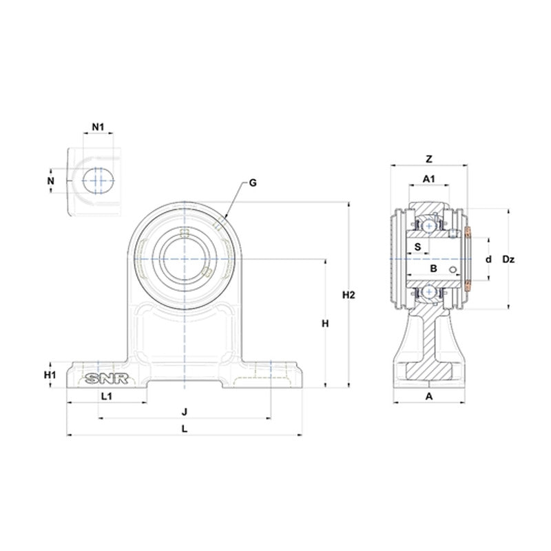 SNR USPH205CC Metric Cast Iron High Centre Height Two Bolt Pillow / Plummer Block Housing with 25mm Bore Insert with Narrow Steel Plate Cover - Closed Version - Allow 2-3 Days